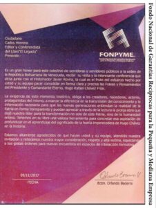 Libro de Chávez Frases y Pensamientos “El Legado” recibió reconocimiento del Fondo Nacional de Garantías Recíprocas para la Pequeña y Mediana Empresa