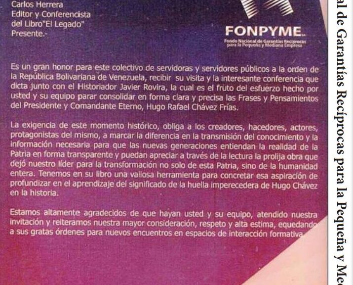 Libro de Chávez Frases y Pensamientos “El Legado” recibió reconocimiento del Fondo Nacional de Garantías Recíprocas para la Pequeña y Mediana Empresa