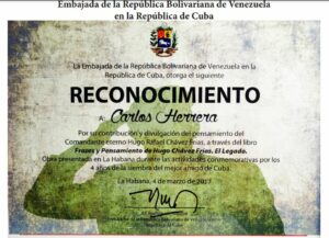 Libro de Chávez Frases y Pensamientos “El Legado” recibió reconocimiento de la Embajada de Venezuela en Cuba
