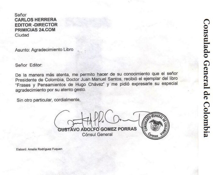 Libro de Chávez Frases y Pensamientos “El Legado” recibió reconocimiento del Consulado General de Colombia