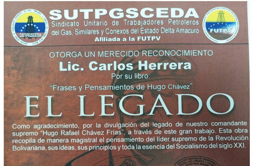 Libro de Chávez Frases y Pensamientos “El Legado” recibió reconocimiento del Sindicato de Trabajadores Petroleros SUTPGSCEDA