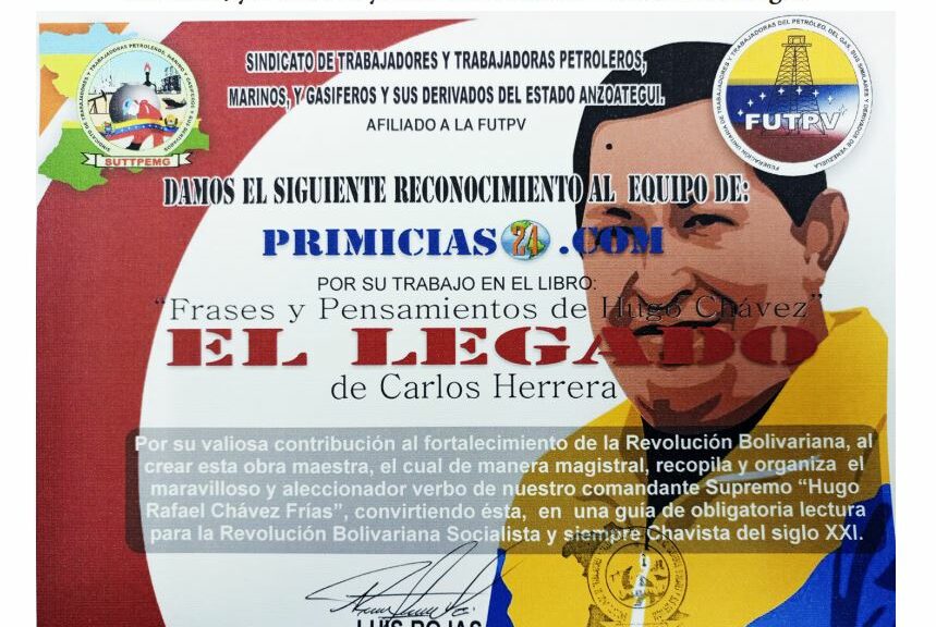 Libro de Chávez Frases y Pensamientos “El Legado” recibió reconocimiento del Sindicato de Trabajadores Petroleros del estado Anzoátegui
