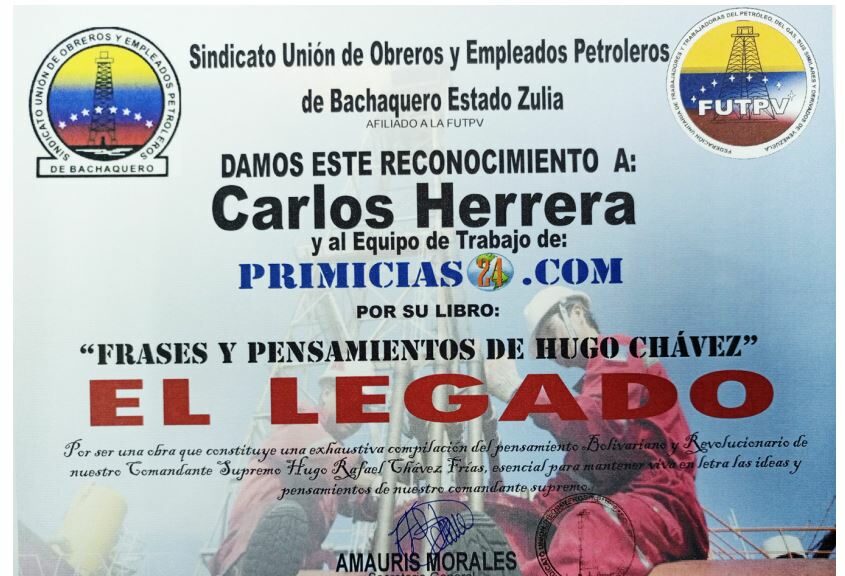 Libro de Chávez Frases y Pensamientos “El Legado” recibió reconocimiento del Sindicato de Trabajadores Petroleros de Bachaquero