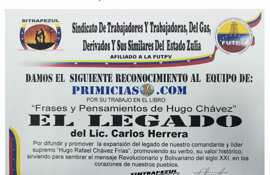 Libro de Chávez Frases y Pensamientos “El Legado” recibió reconocimiento del Sindicato de Trabajadores del Gas del Zulia