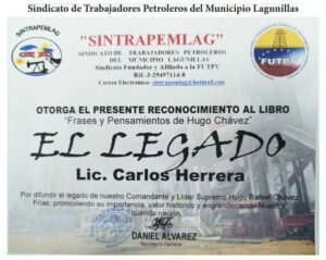 Libro de Chávez Frases y Pensamientos “El Legado” recibió reconocimiento del Sindicato de Trabajadores Petroleros de Lagunillas