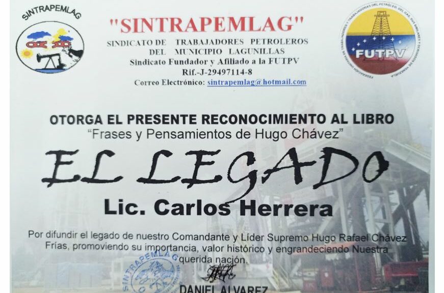 Libro de Chávez Frases y Pensamientos “El Legado” recibió reconocimiento del Sindicato de Trabajadores Petroleros de Lagunillas