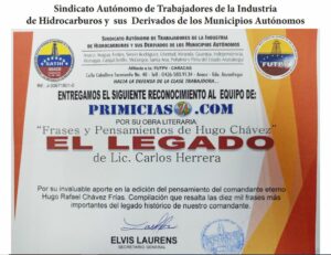 Libro de Chávez Frases y Pensamientos “El Legado” recibió reconocimiento Sindicato Autónomo de Trabajadores de la Industria de Hidrocarburos