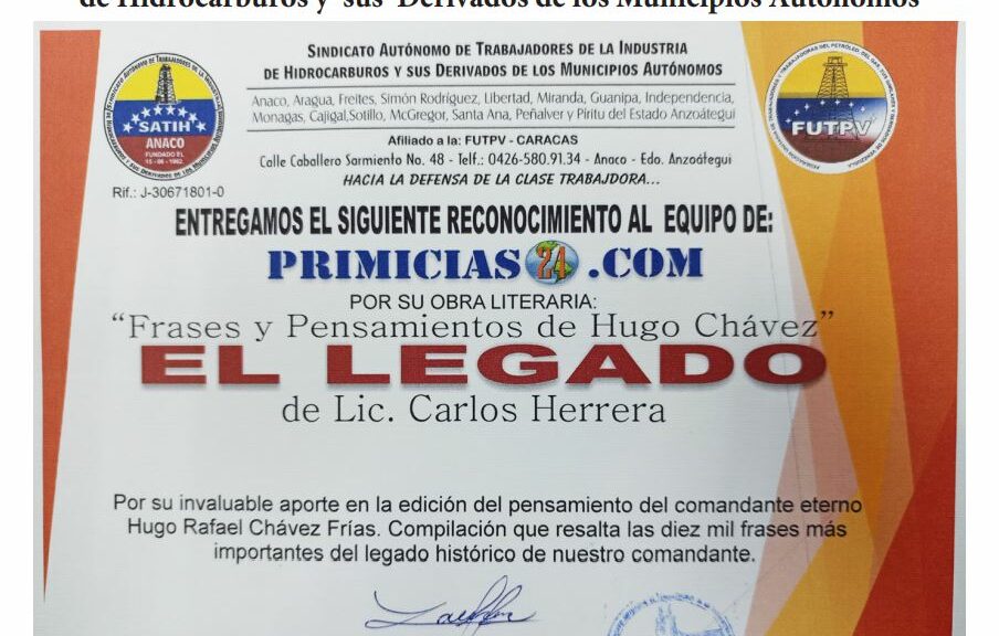 Libro de Chávez Frases y Pensamientos “El Legado” recibió reconocimiento Sindicato Autónomo de Trabajadores de la Industria de Hidrocarburos