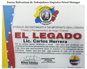 Libro de Chávez Frases y Pensamientos “El Legado” recibió reconocimiento del sindicato Fuerza Bolivariana de Trabajadores Sinprotra Petrol