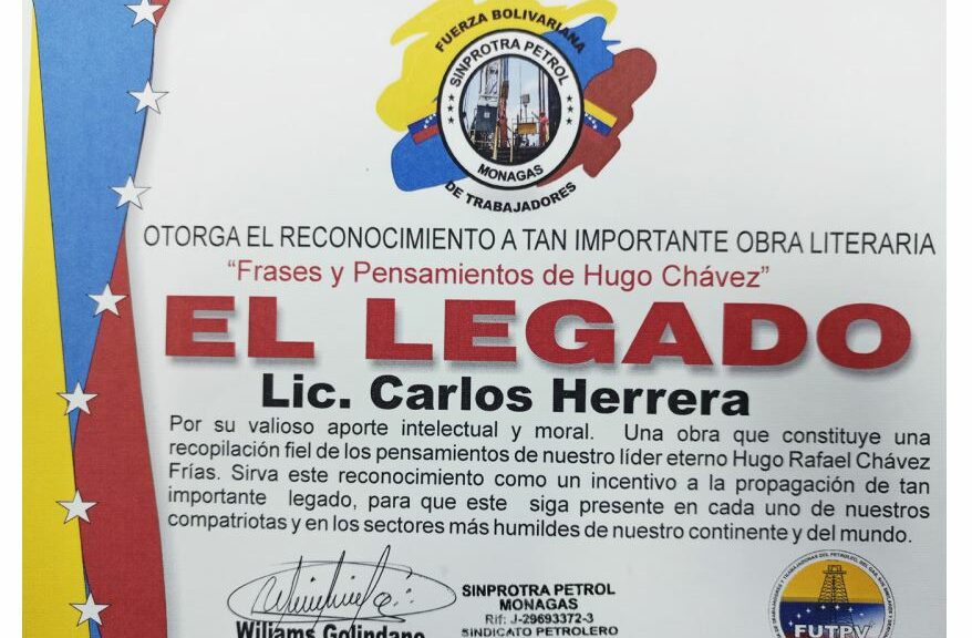 Libro de Chávez Frases y Pensamientos “El Legado” recibió reconocimiento del sindicato Fuerza Bolivariana de Trabajadores Sinprotra Petrol