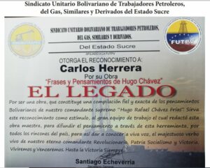 Libro de Chávez Frases y Pensamientos “El Legado” recibió reconocimiento Sindicato Unitario Bolivariano de Trabajadores Petroleros de estado Sucre