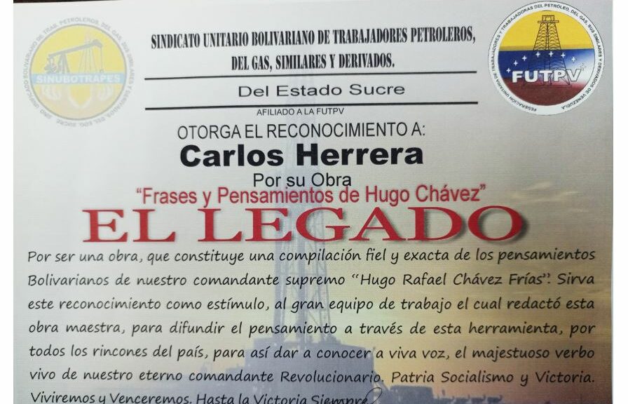 Libro de Chávez Frases y Pensamientos “El Legado” recibió reconocimiento Sindicato Unitario Bolivariano de Trabajadores Petroleros de estado Sucre