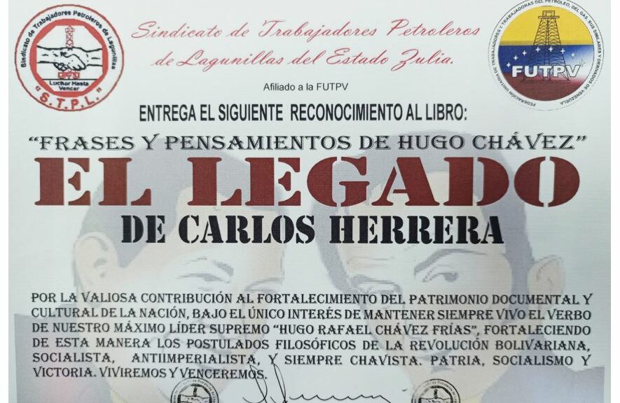 Libro de Chávez Frases y Pensamientos “El Legado” recibió reconocimiento del Sindicato de Trabajadores Petroleros de Lagunillas