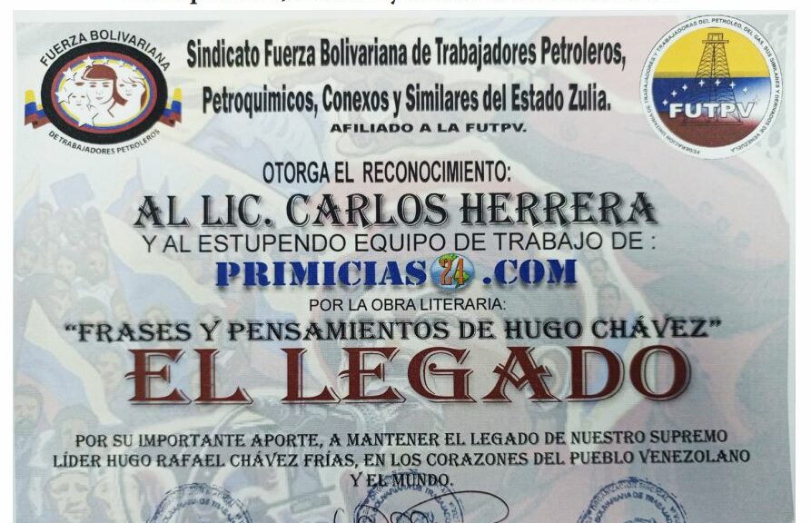 Libro de Chávez Frases y Pensamientos “El Legado” recibió reconocimiento del Sindicato Fuerza Bolivariana de Trabajadores Petroleros, Petroquímicos, Conexos y Similares