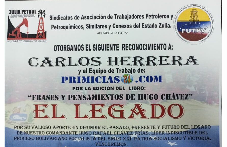 Libro de Chávez Frases y Pensamientos “El Legado” recibió reconocimiento de los Sindicatos de Asociación de Trabajadores Petroleros y Petroquímicos, Similares y Conexos