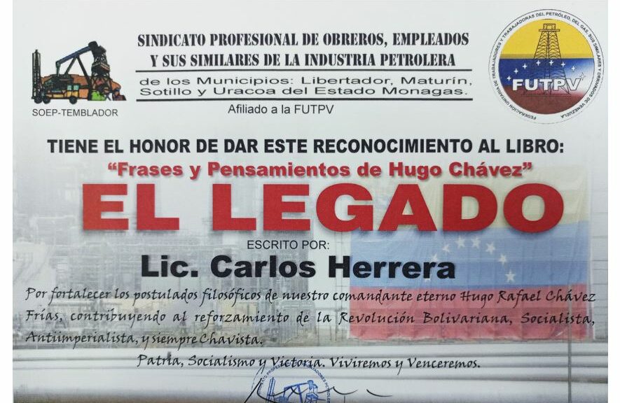 Libro de Chávez Frases y Pensamientos “El Legado” recibió reconocimiento del Sindicato Profesional de Obreros, Empleados y sus Similares de la Industria Petrolera