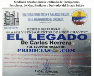 Libro de Chávez Frases y Pensamientos “El Legado” recibió reconocimiento del Sindicato Revolucionario Unificado de Trabajadores Petroleros del estado Falcón