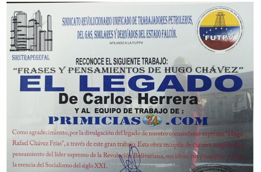 Libro de Chávez Frases y Pensamientos “El Legado” recibió reconocimiento del Sindicato Revolucionario Unificado de Trabajadores Petroleros del estado Falcón