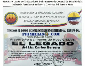 Libro de Chávez Frases y Pensamientos “El Legado” recibió reconocimiento del Sindicato Unión de Trabajadores Bolivarianos de Control de Sólidos de la Industria Petrolera