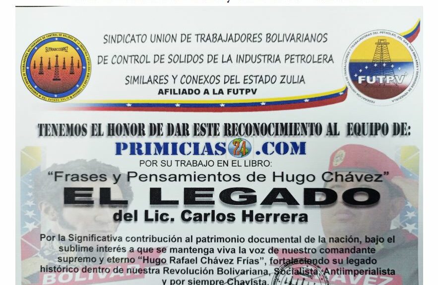 Libro de Chávez Frases y Pensamientos “El Legado” recibió reconocimiento del Sindicato Unión de Trabajadores Bolivarianos de Control de Sólidos de la Industria Petrolera