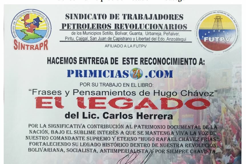 Libro de Chávez Frases y Pensamientos “El Legado” recibió reconocimiento del Sindicato de Trabajadores Petroleros Revolucionarios de los municipios del estado Anzoátegui