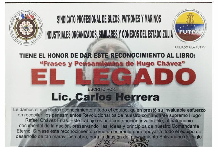 Libro de Chávez Frases y Pensamientos “El Legado” recibió reconocimiento del Sindicato Profesional de Buzos, Patrones y Marinos Industriales Organizados