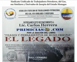 Libro de Chávez Frases y Pensamientos “El Legado” recibió reconocimiento del Sindicato Unificado de Trabajadores Petroleros de Jusepin del estado Monagas