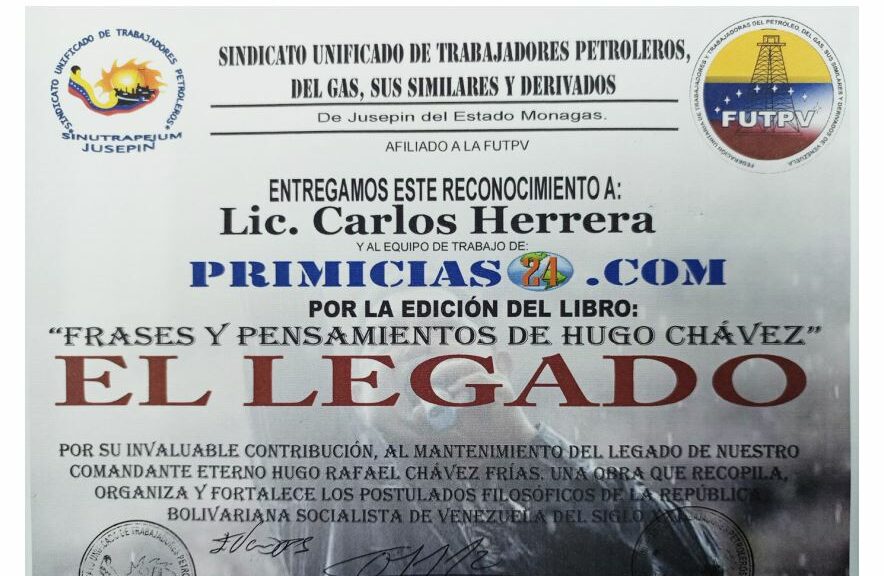 Libro de Chávez Frases y Pensamientos “El Legado” recibió reconocimiento del Sindicato Unificado de Trabajadores Petroleros de Jusepin del estado Monagas