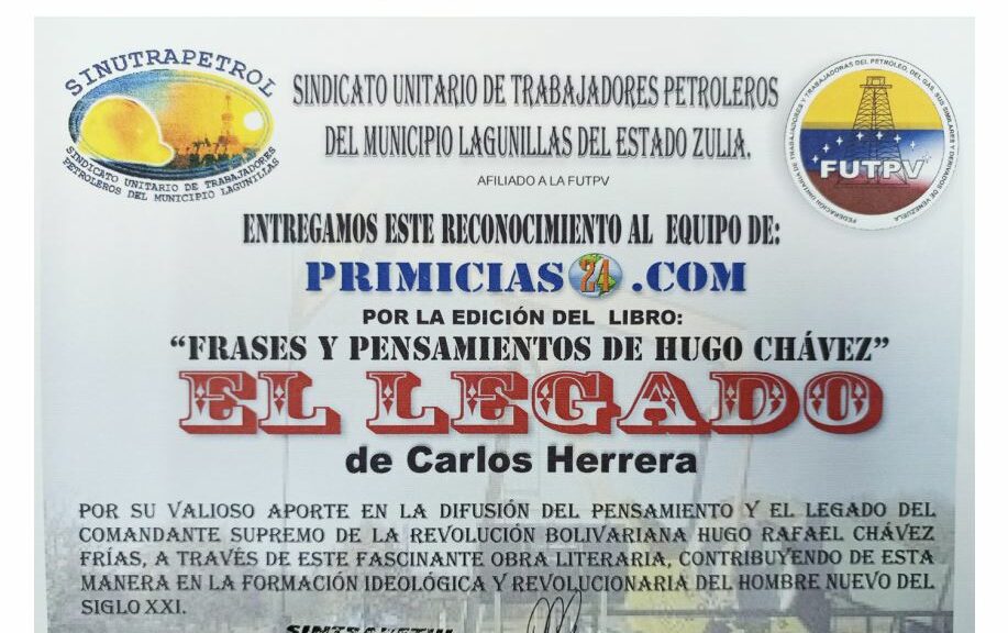 Libro de Chávez Frases y Pensamientos “El Legado” recibió reconocimiento del Sindicato Unitario de Trabajadores Petroleros del municipio Lagunillas del estado Zulia
