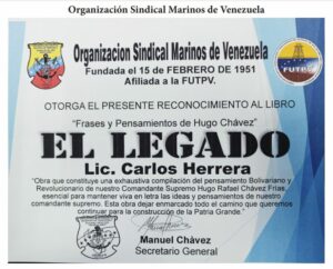Libro de Chávez Frases y Pensamientos “El Legado” recibió reconocimiento de la Organización Sindical Marinos de Venezuela