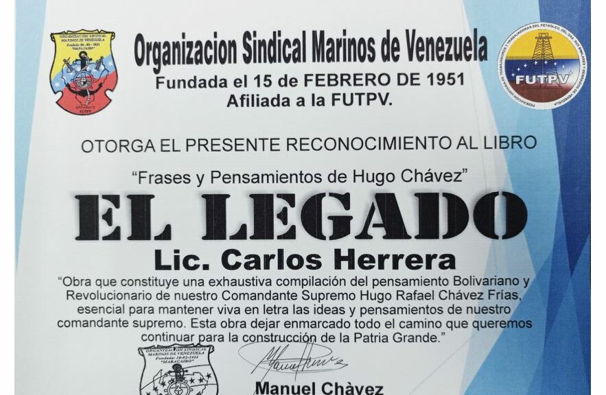 Libro de Chávez Frases y Pensamientos “El Legado” recibió reconocimiento de la Organización Sindical Marinos de Venezuela