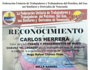 Libro de Chávez Frases y Pensamientos “El Legado” recibió reconocimiento de la Federación Unitaria de Trabajadores y Trabajadoras del Petróleo de Venezuela