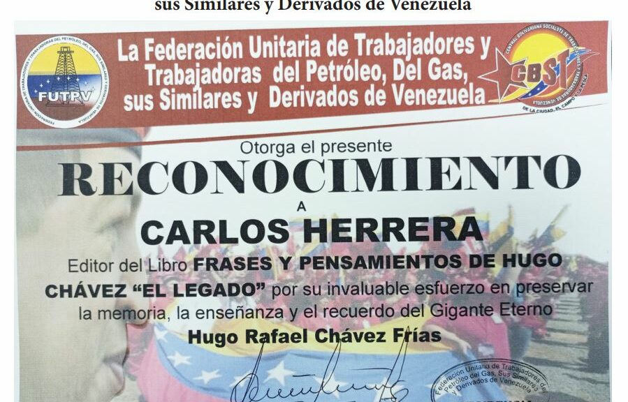 Libro de Chávez Frases y Pensamientos “El Legado” recibió reconocimiento de la Federación Unitaria de Trabajadores y Trabajadoras del Petróleo de Venezuela
