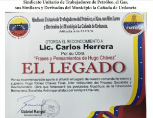Libro de Chávez Frases y Pensamientos “El Legado” recibió reconocimiento del Sindicato Unitario de Trabajadores de Petróleo del municipio La Cañada de Urdaneta