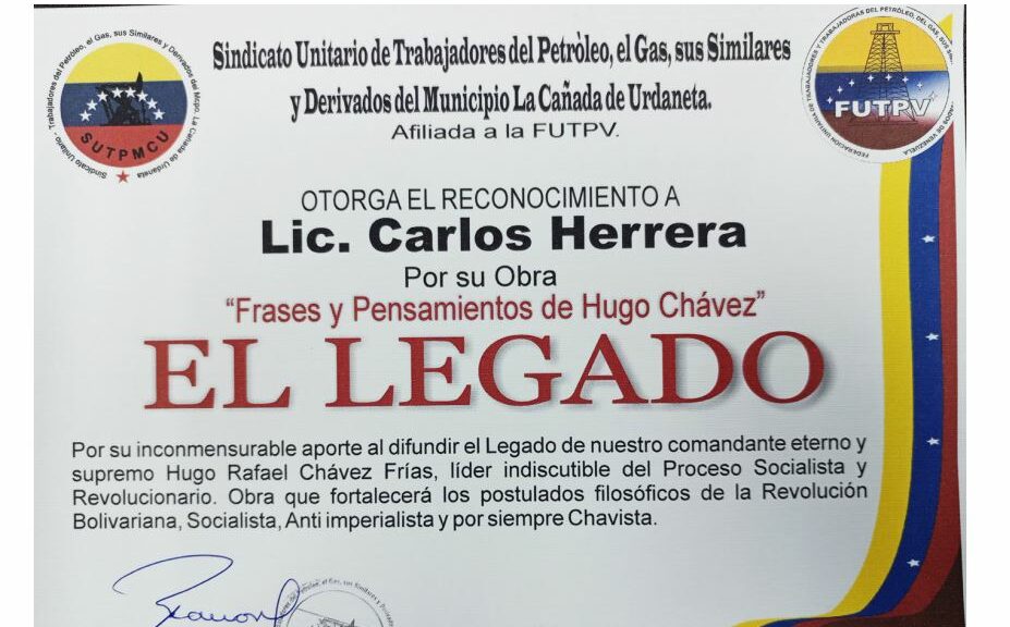 Libro de Chávez Frases y Pensamientos “El Legado” recibió reconocimiento del Sindicato Unitario de Trabajadores de Petróleo del municipio La Cañada de Urdaneta