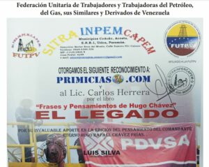 Libro de Chávez Frases y Pensamientos “El Legado” recibió reconocimiento de la Federación Unitaria de Trabajadores y Trabajadoras del Petróleo, del Gas, sus Similares y Derivados