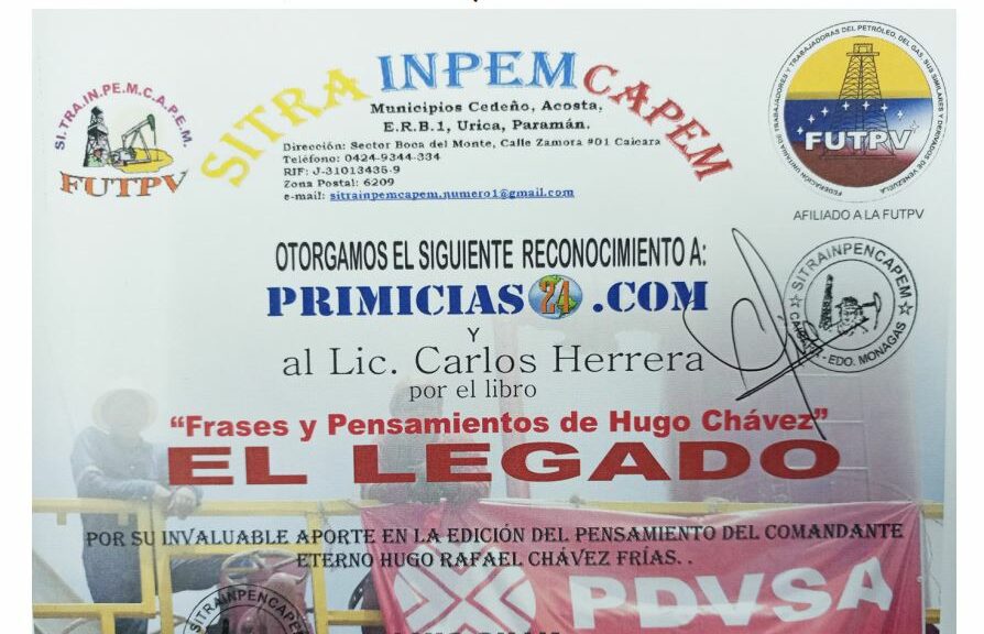 Libro de Chávez Frases y Pensamientos “El Legado” recibió reconocimiento de la Federación Unitaria de Trabajadores y Trabajadoras del Petróleo, del Gas, sus Similares y Derivados