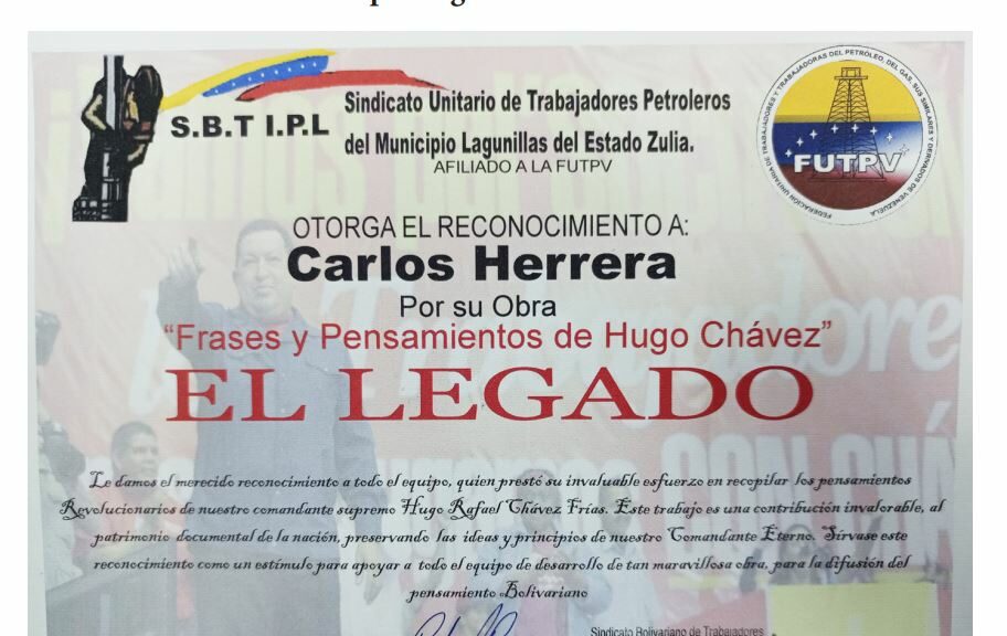 Libro de Chávez Frases y Pensamientos “El Legado” recibió reconocimiento del Sindicato Unitario de Trabajadores Petroleros del municipio Lagunillas del estado Zulia