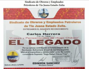Libro de Chávez Frases y Pensamientos “El Legado” recibió reconocimiento del Sindicato de Obreros y Empleados Petroleros de Tía Juana del estado Zulia