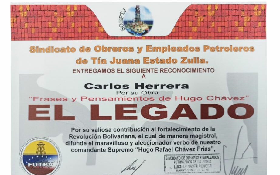 Libro de Chávez Frases y Pensamientos “El Legado” recibió reconocimiento del Sindicato de Obreros y Empleados Petroleros de Tía Juana del estado Zulia