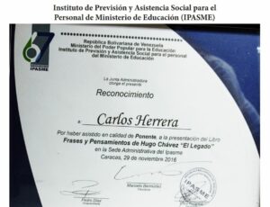 Libro de Chávez Frases y Pensamientos “El Legado” recibió reconocimiento del Instituto de Previsión y Asistencia Social para el Personal de Ministerio de Educación (IPASME)