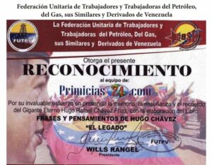 Libro de Chávez Frases y Pensamientos “El Legado” recibió reconocimiento de la Federación Unitaria de Trabajadores y Trabajadoras del Petróleo y Derivados de Venezuela
