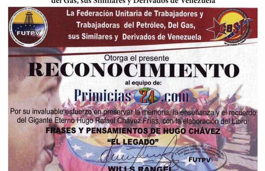 Libro de Chávez Frases y Pensamientos “El Legado” recibió reconocimiento de la Federación Unitaria de Trabajadores y Trabajadoras del Petróleo y Derivados de Venezuela