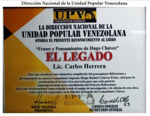 Libro de Chávez Frases y Pensamientos “El Legado” recibió reconocimiento de la Dirección Nacional de la Unidad Popular Venezolana
