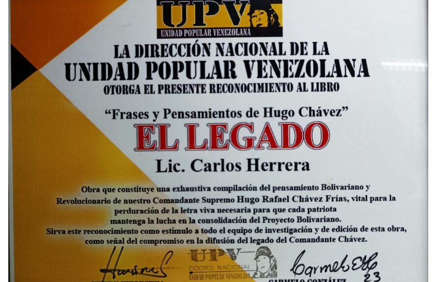 Libro de Chávez Frases y Pensamientos “El Legado” recibió reconocimiento de la Dirección Nacional de la Unidad Popular Venezolana
