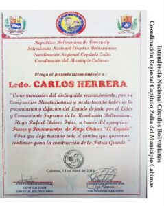 Libro de Chávez Frases y Pensamientos “El Legado” recibió reconocimiento de la Intendencia Nacional Círculos Bolivarianos Coordinación Regional Cabimas