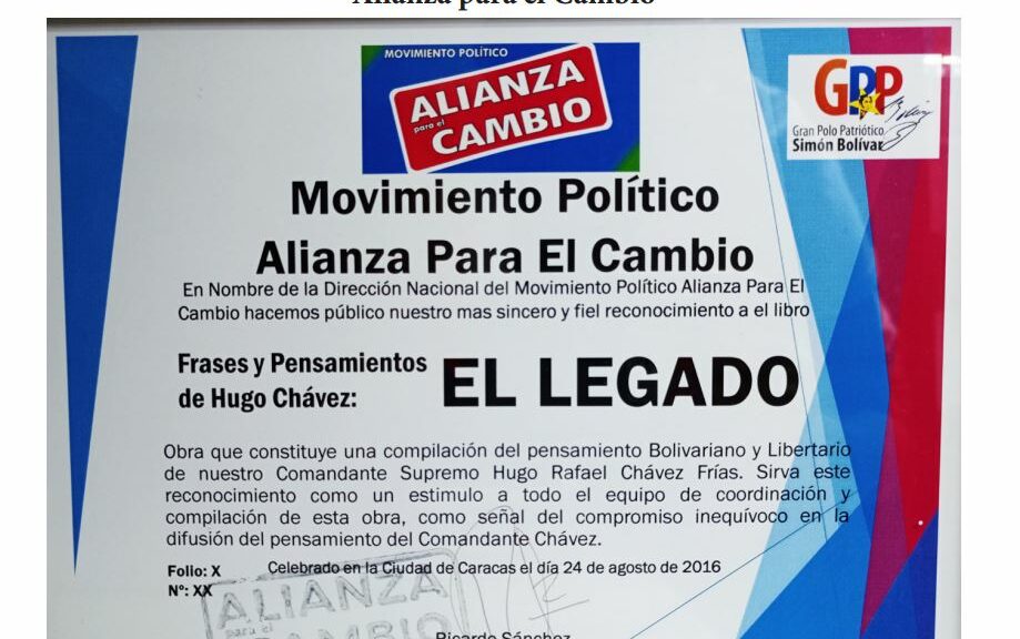 Libro de Chávez Frases y Pensamientos “El Legado” recibió reconocimiento del Movimiento Político Alianza para el Cambio