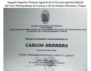 Libro de Chávez Frases y Pensamientos “El Legado” recibió reconocimiento del Juzgado Superior Primero Agrario de la Circunscripción Judicial del Área Metropolitana de Caracas