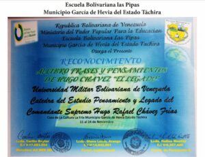 Libro de Chávez Frases y Pensamientos “El Legado” recibió reconocimiento de la Escuela Bolivariana las Pipas Municipio García de Hevia del estado Táchira
