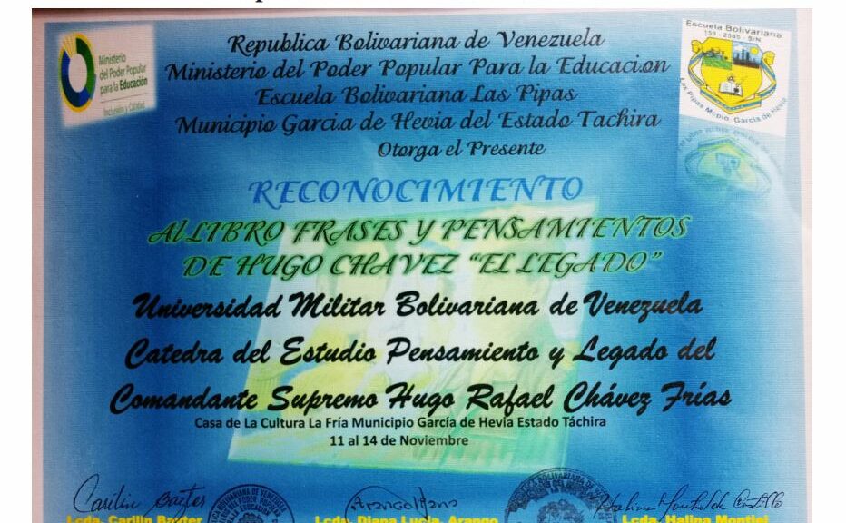 Libro de Chávez Frases y Pensamientos “El Legado” recibió reconocimiento de la Escuela Bolivariana las Pipas Municipio García de Hevia del estado Táchira